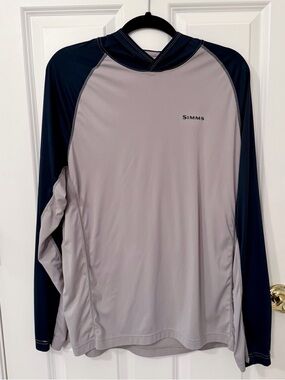 Simms Hooded Fishing Shirt EUC Gray and Navy Long-Sleeve